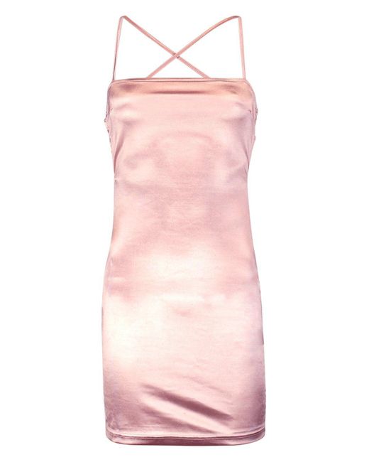 satin square neck strappy back bodycon dress