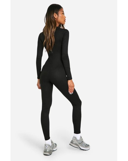 Boohoo Black Basic Ribbed Zip Up Skinny Jumpsuit