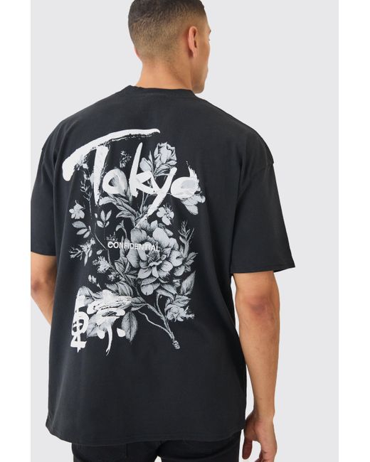 BoohooMAN Black Oversized Tokyo Floral Print T-shirt for men