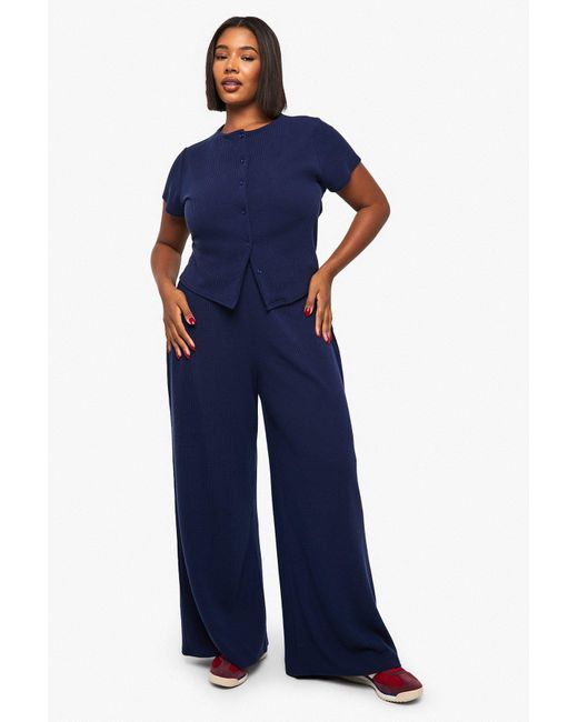 Boohoo Blue Plus Crinkle Rib Button Through Cap Sleeve Top And Trouser Set