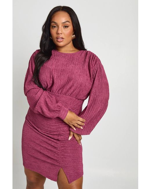 Boohoo Plus Crinkle Textured Ruched Long Sleeve Mini Dress | Lyst