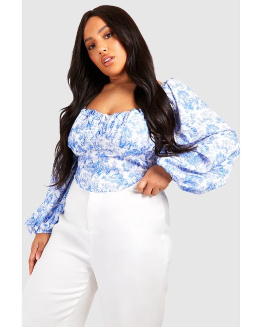 Boohoo Blue Plus Milkmaid Porcelain Ruched Bust Corset Top