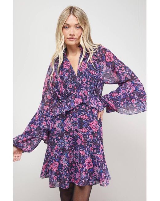 Oasis Purple Printed Fluted Sleeve Ruffle Detail Mini Dress