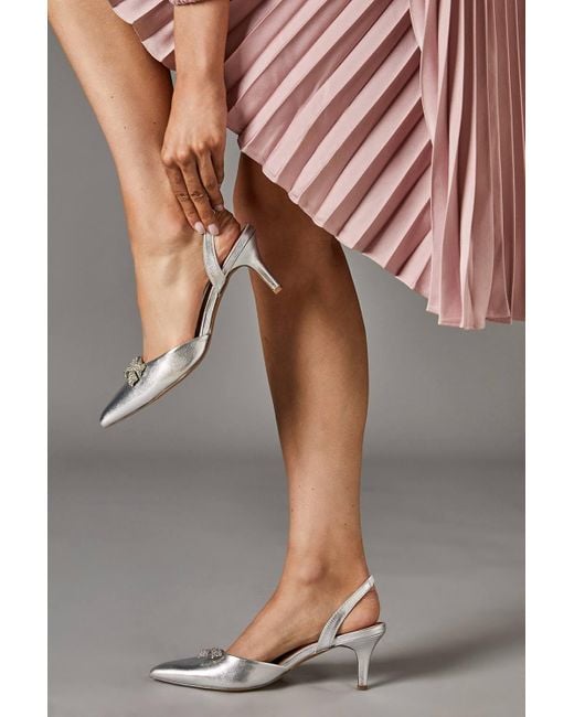 Coast Gray Sam Satin Diamante Bow Brooch Slingback Kitten Heel Court Shoes