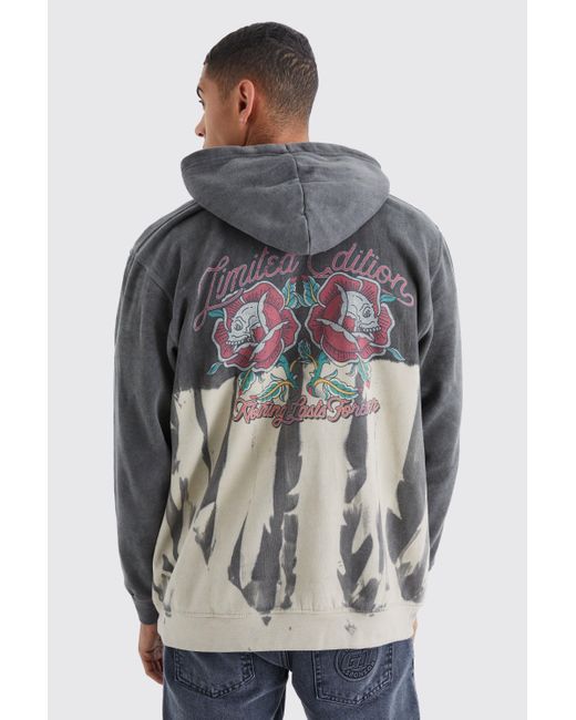 BoohooMAN Gray Oversized Bleached Overdye Graphic Hoodie for men