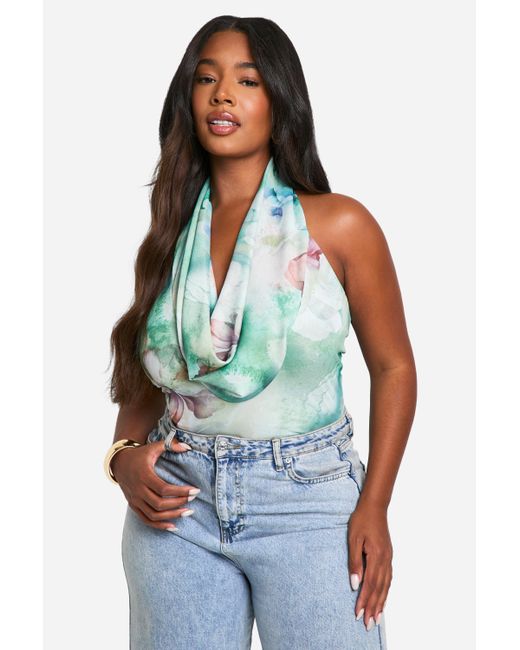 Boohoo Blue Plus Floral Printed Mesh Cowl Neck One Piece