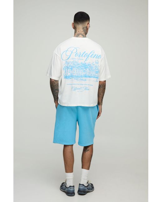BoohooMAN Blue Tall Oversized Boxy Official Print T-Shirt & Relaxed Short Set for men