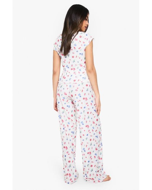 Boohoo White Fruit Print Button Detail Short Sleeve Top & Pants Pyjama Set