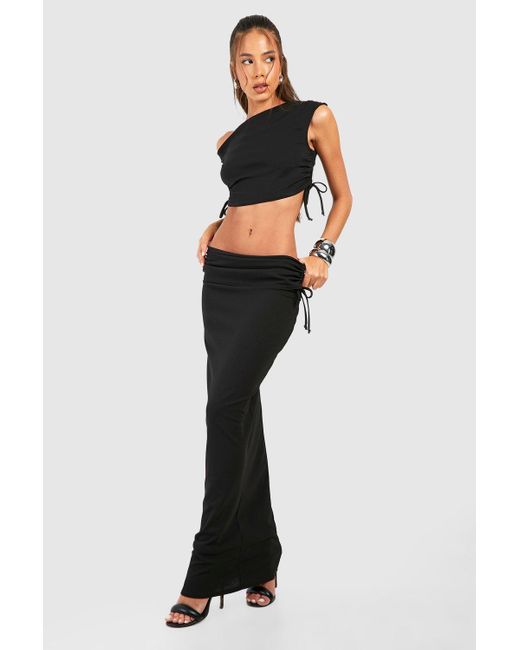 Boohoo Black Ruched Drape Shoulder Crop & Maxi Skirt