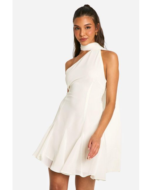 Boohoo White Chiffon Assymteric Godet Seam Mini Dress