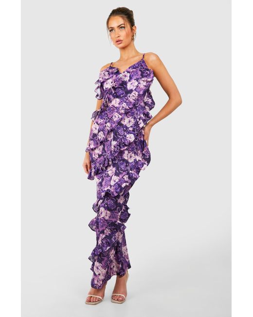 Floral Print Ruffle Detail Maxi Dress Boohoo de color Purple