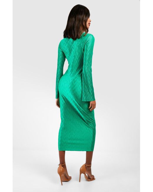 Boohoo Green Wave Plisse Flare Sleeve Midi Dress