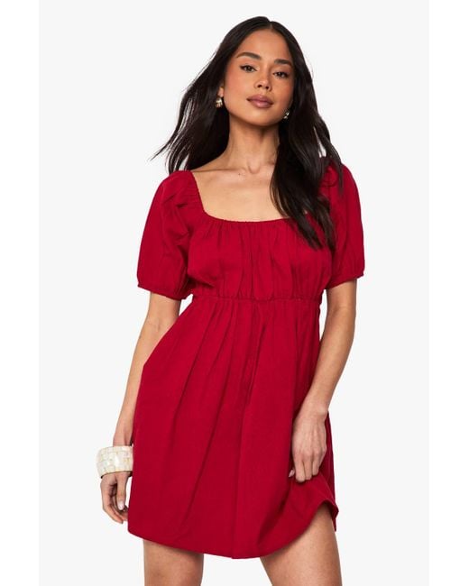 Mini Dress Boohoo Red Ruffle Dress Boohoo Women's Red Linen Puff Sleeve  Smock Mini Dress