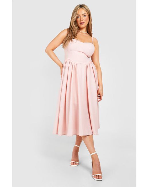 Boohoo Pink Plus Linen Milkmaid Midi Dress