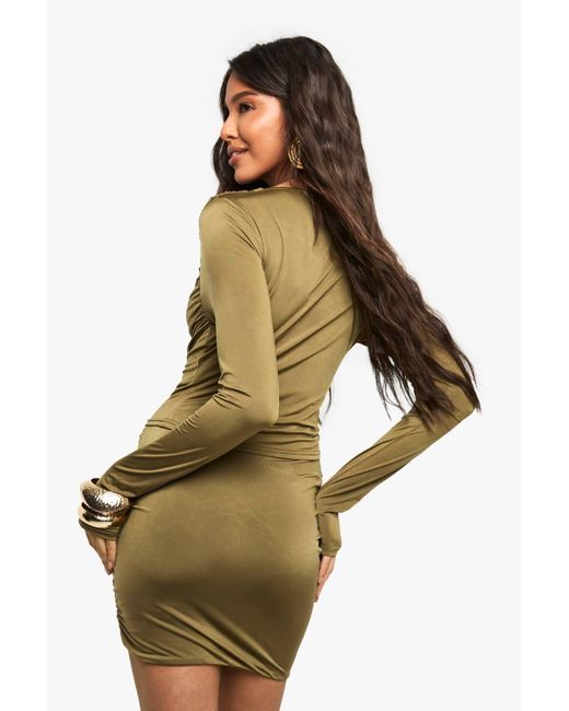 Boohoo Green Slinky Knot Front Drape Mini Skirt
