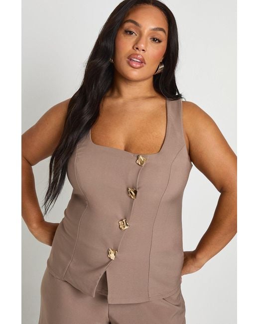 Boohoo Brown Plus Asymmetric Trim Detail Waistcoat And Wide Leg Tailored Trouser Co Ord