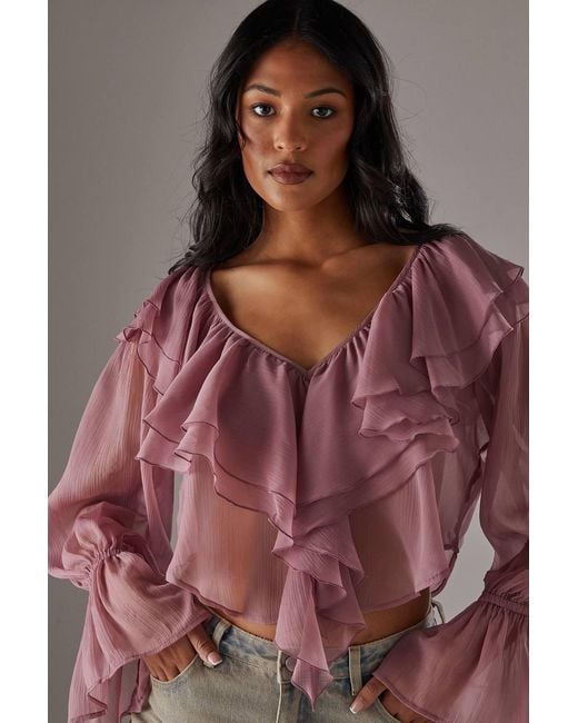 Warehouse Brown Chiffon Double Ruffle Boho Blouse