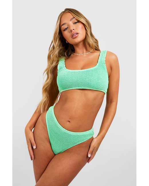 Boohoo Green Premium Crinkle High Leg Bikini Brief