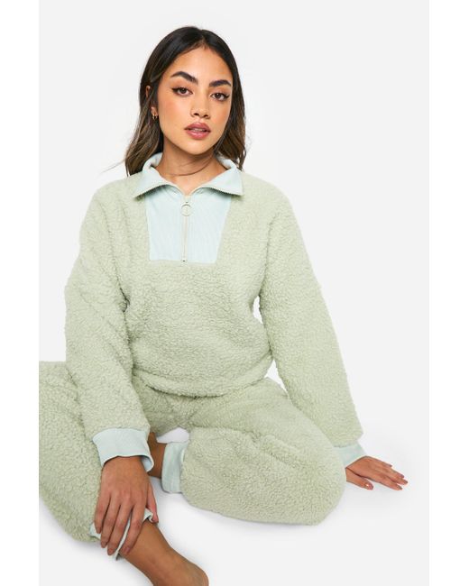 Boohoo Green Rib Fleece Half Zip And Jogger Lounge Set