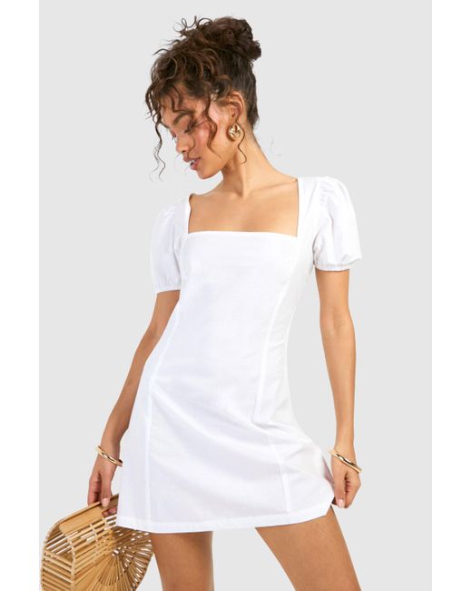 Boohoo White Cotton Puff Sleeve Mini Dress