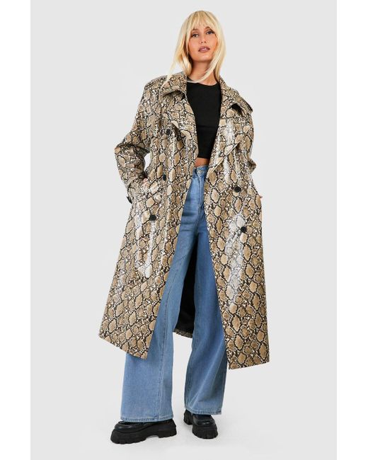Boohoo Blue Faux Leather Snake Print Maxi Trench Coat