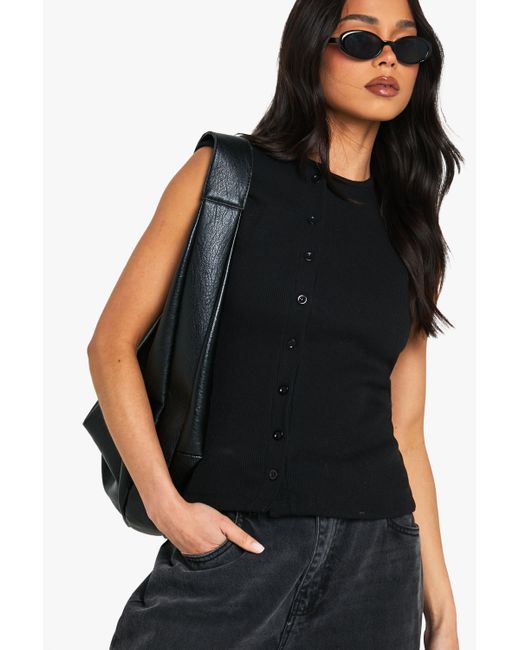 Boohoo Black Heavy Rib Button Through Sleevless Top