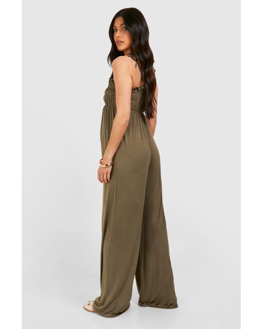 Boohoo Green Maternity Shirred Strappy Jumpsuit