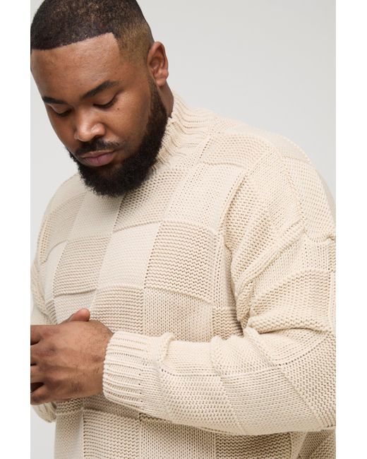 BoohooMAN Plus karierter Oversize Pullover mit Trichterkragen in Natural für Herren