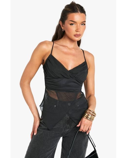 Boohoo Black Mesh Wrap Front Cami Top