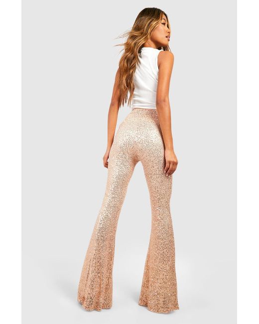 Boohoo Natural Knitted Sequin Flared Trousers