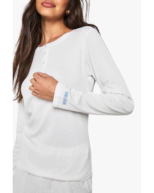 Boohoo White Bridal 'Bride' Embroidered Pointelle Long Sleeve Top & Shorts Pyjama Set
