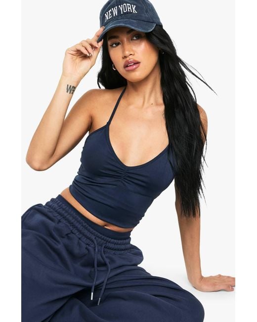 Boohoo Blue Seamless Sculpt Ruched Bust Padded Strappy Vest Top