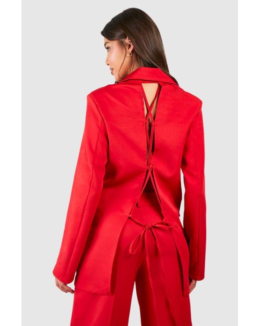 Boohoo Red Lace Up Open Back Double Breasted Blazer