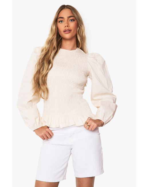 Boohoo White Long Sleeve Shirred Frill Hem Top