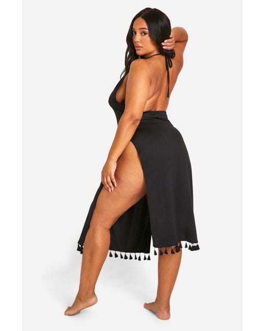 Boohoo Black Plus Tassel Hem Split Beach Dress