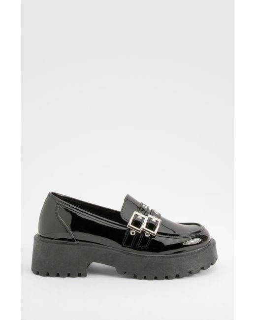 Boohoo Black Patent Buckle Detail Chunky Sole Loafers