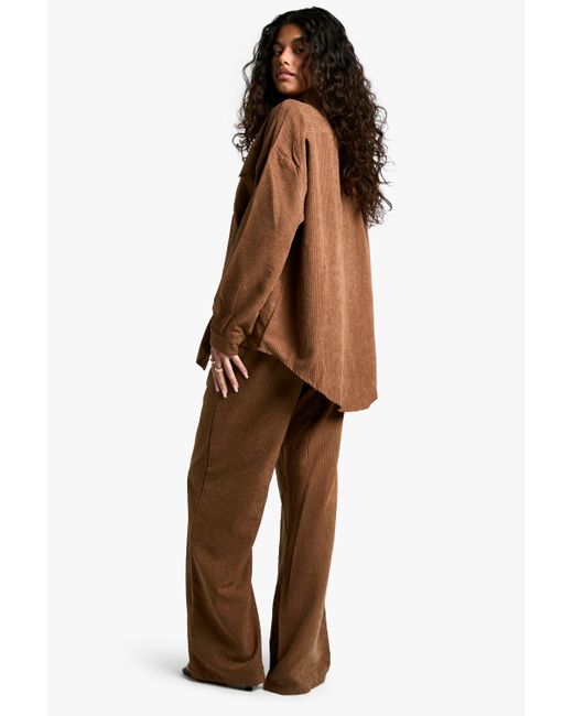 Boohoo Brown Striped Peached Drawstring Waist Wide Leg Trouser