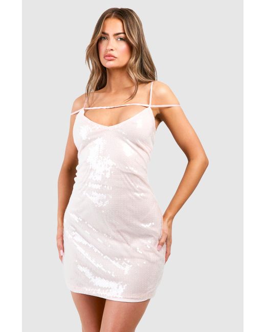 Boohoo White Sequin Strappy Mini Slip Dress