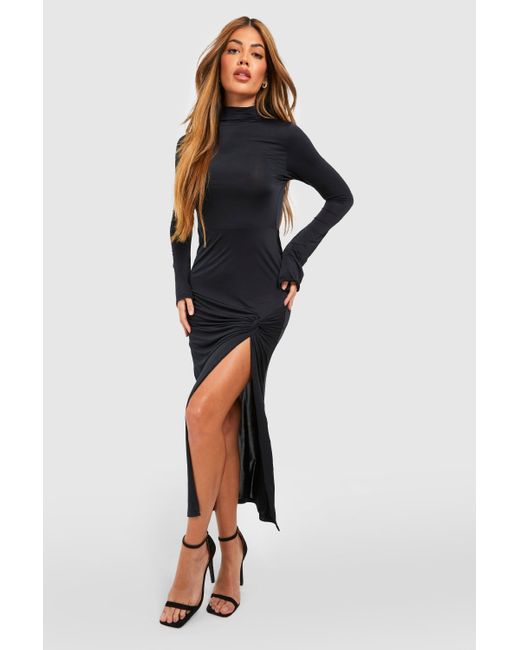 Boohoo High Neck Split Leg Midi Dress in Black | Lyst