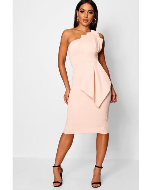 white one shoulder pleated detail midi dress