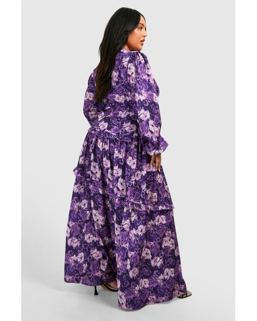 Boohoo Purple Plus Floral Print Frill Waist Detail Maxi Dress