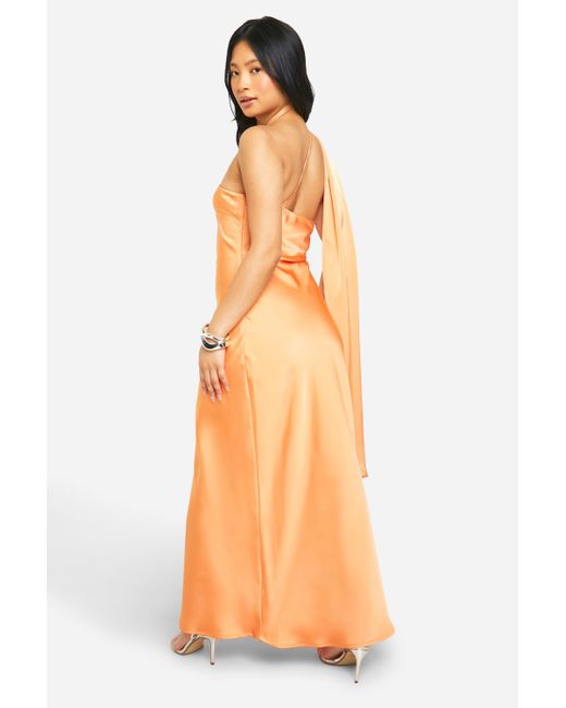 Boohoo Orange Petite Satin Draped Shoulder Maxi Dress