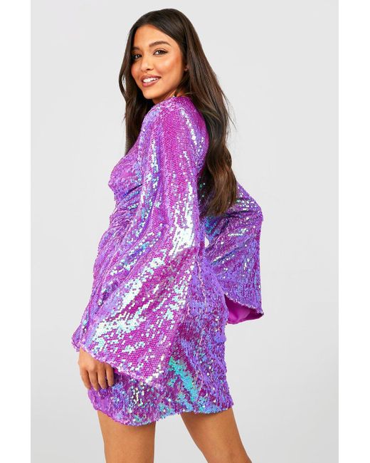 Boohoo Two Tone Sequin Wrap Mini Party Dress in Purple | Lyst