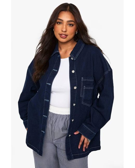 Boohoo Blue Plus Double Pocket Detail Jean Jacket