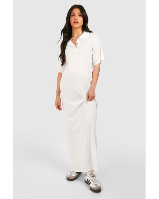 Boohoo White Maternity Ribbed Collared Maxi T-shirt Dress