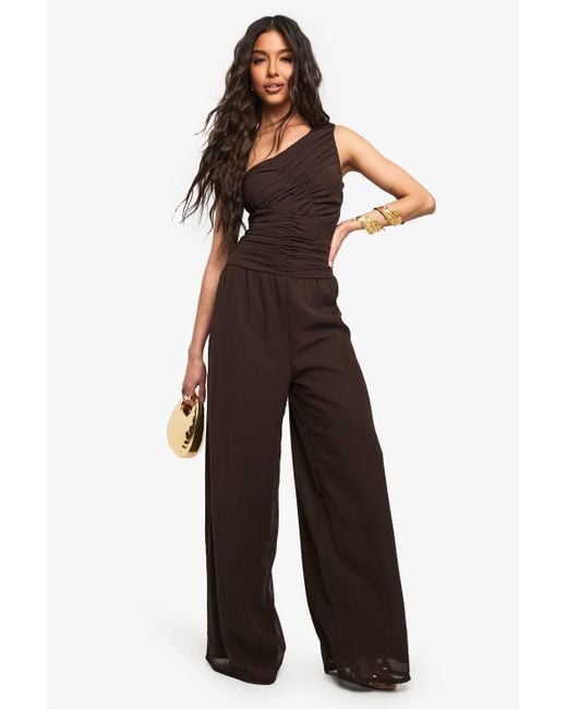 Boohoo Brown Chiffon One Shoulder Ruched Jumpsuit