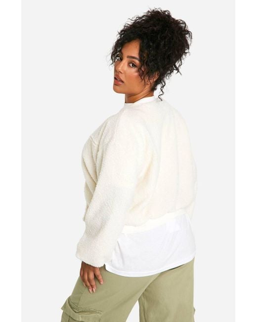 Boohoo White Plus Boucle Bomber Jacket