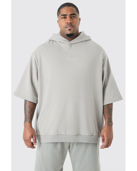 BoohooMAN Gray Plus Edition Oversized Heavyweight Short Sleeve Hoodie for men