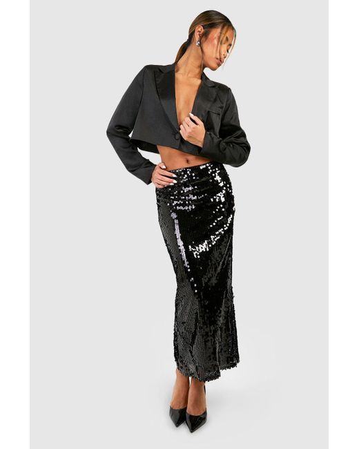 Boohoo Black Sheer Sequin Split Back Midaxi Skirt