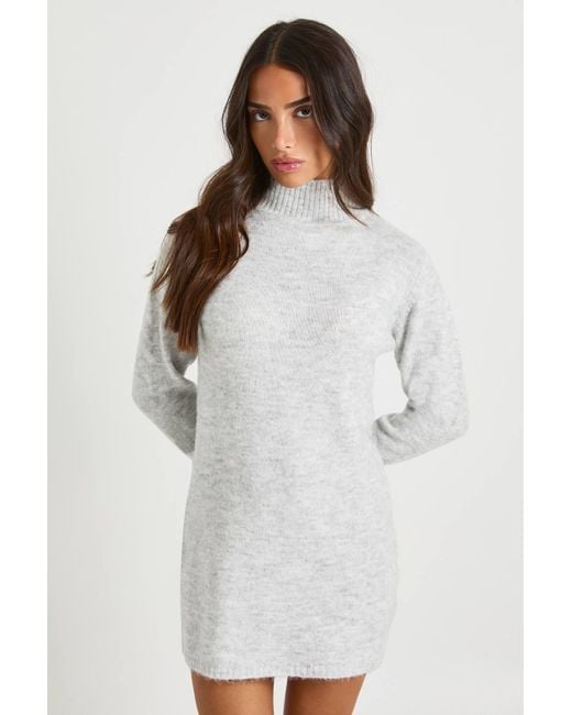 Boohoo Women's White Petite High Neck Super Soft Knitted Mini Dress
